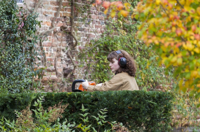 Hedge trimming in the autumn garden at Sissinghurst